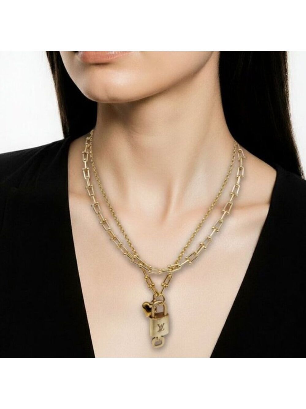 Stainless Steel Gold-Plated Necklace with Authentic Louis Vuitton Padlock